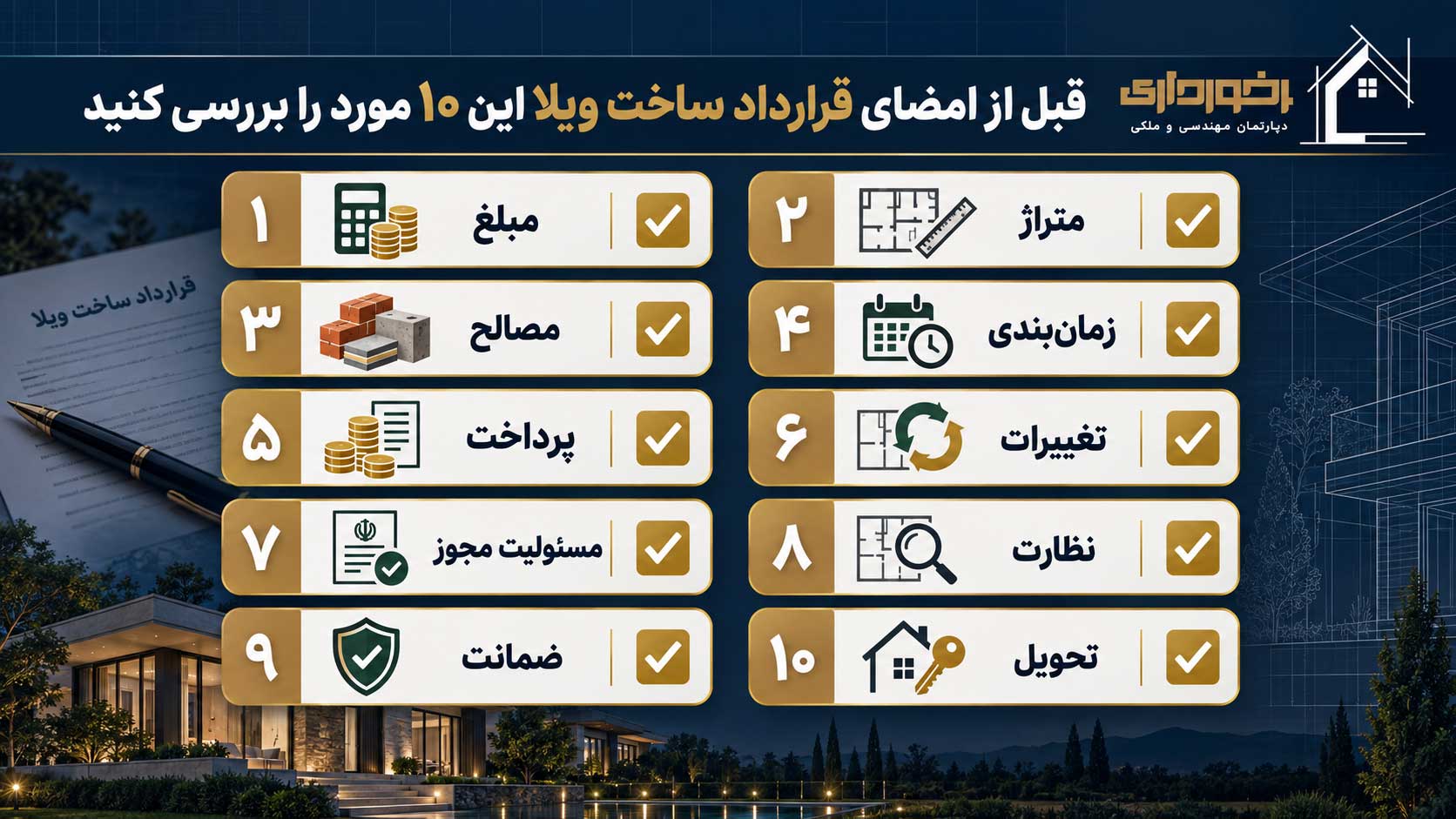 چک‌لیست ۱۰ نکته مهم پیش از امضای قرارداد ساخت ویلا شامل مبلغ، متراژ، مصالح، زمان‌بندی، پرداخت، تغییرات، مجوز، نظارت، ضمانت و تحویل