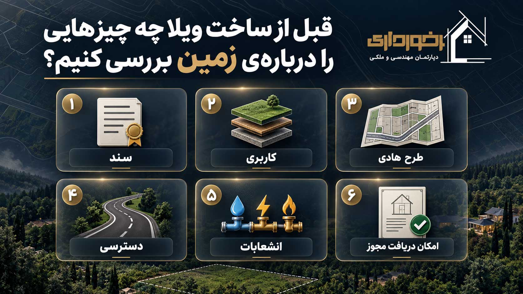 اینفوگرافیک بررسی سند، کاربری، طرح هادی، دسترسی، انشعابات و امکان دریافت مجوز پیش از ساخت ویلا
